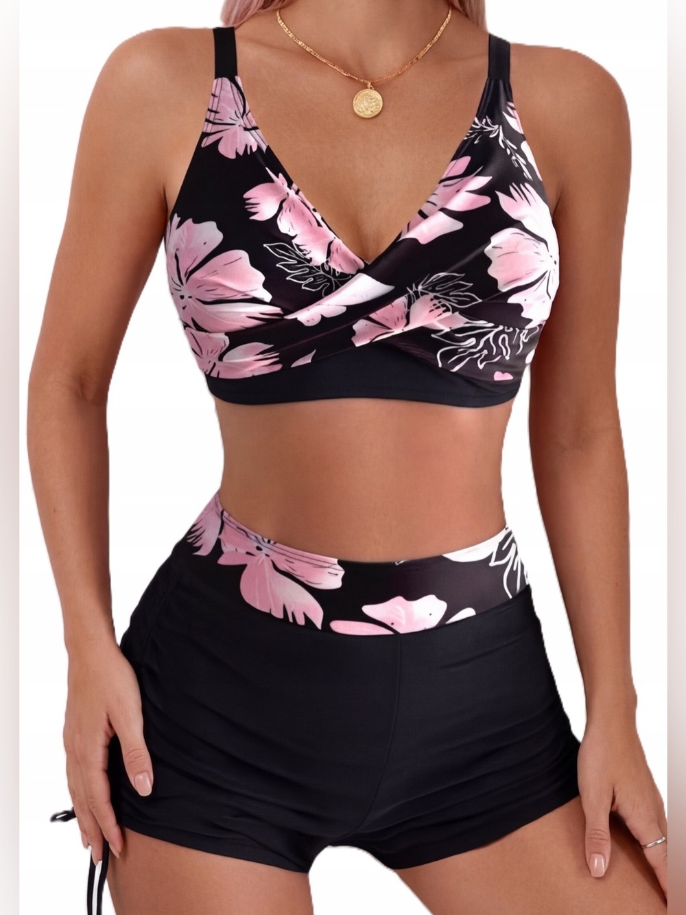 0150: WOMEN'S TWO-PIECE SWIMSUIT HIGH WAIST BIKINI SHORTS M Black w Pink Floral